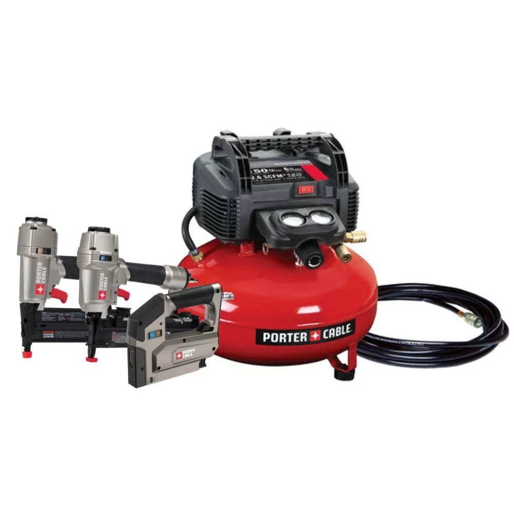 Porter-Cable PCFP12234 6 Gal. 150 PSI Portable Electric Air Compressor, 16-Gauge Nailer, 18-Gauge Nailer and 3/8 in. Stapler 3 Tool Combo Kit