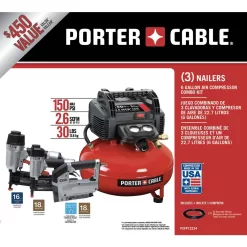 Porter-Cable PCFP12234 6 Gal. 150 PSI Portable Electric Air Compressor, 16-Gauge Nailer, 18-Gauge Nailer and 3/8 in. Stapler 3 Tool Combo Kit