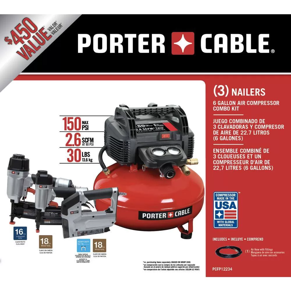 Porter-Cable PCFP12234 6 Gal. 150 PSI Portable Electric Air Compressor, 16-Gauge Nailer, 18-Gauge Nailer and 3/8 in. Stapler 3 Tool Combo Kit