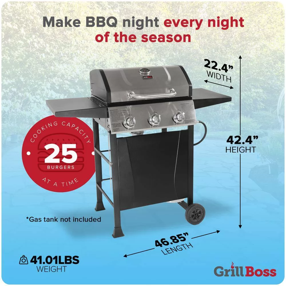 Grill Boss GBC1932M 3 Burner Gas Grill in Black with Top Cover and Shelves Stainless Steel, 2 Number of Side Burners