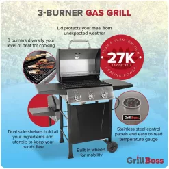 Grill Boss GBC1932M 3 Burner Gas Grill in Black with Top Cover and Shelves Stainless Steel, 2 Number of Side Burners