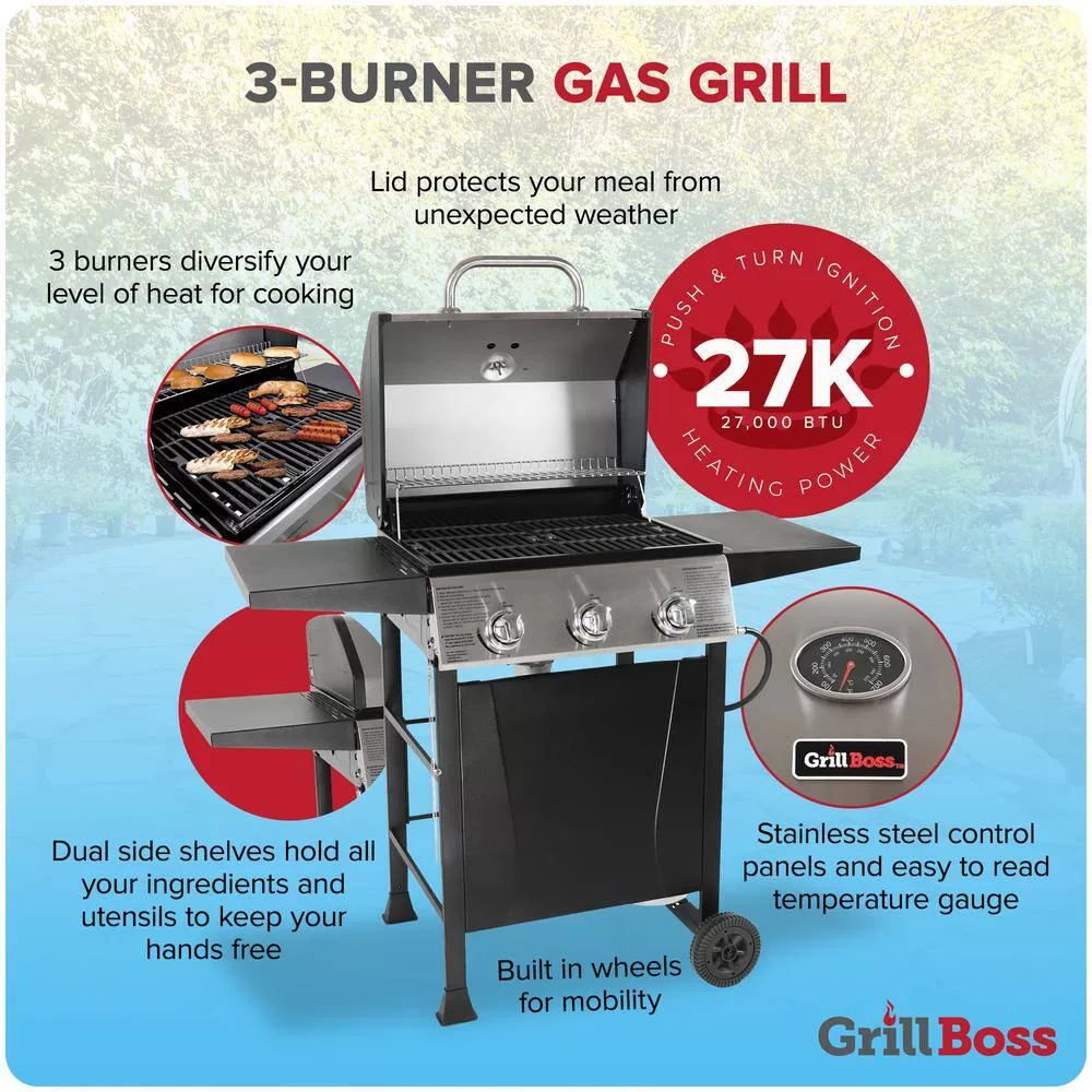 Grill Boss GBC1932M 3 Burner Gas Grill in Black with Top Cover and Shelves Stainless Steel, 2 Number of Side Burners