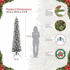 Puleo International 253-TFP-75C350-K 7.5 ft. Pre-Lit Incandescent Flocked Pencil Portland Pine Artificial Christmas Tree