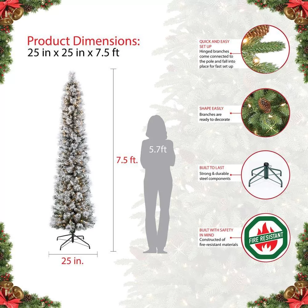 Puleo International 253-TFP-75C350-K 7.5 ft. Pre-Lit Incandescent Flocked Pencil Portland Pine Artificial Christmas Tree
