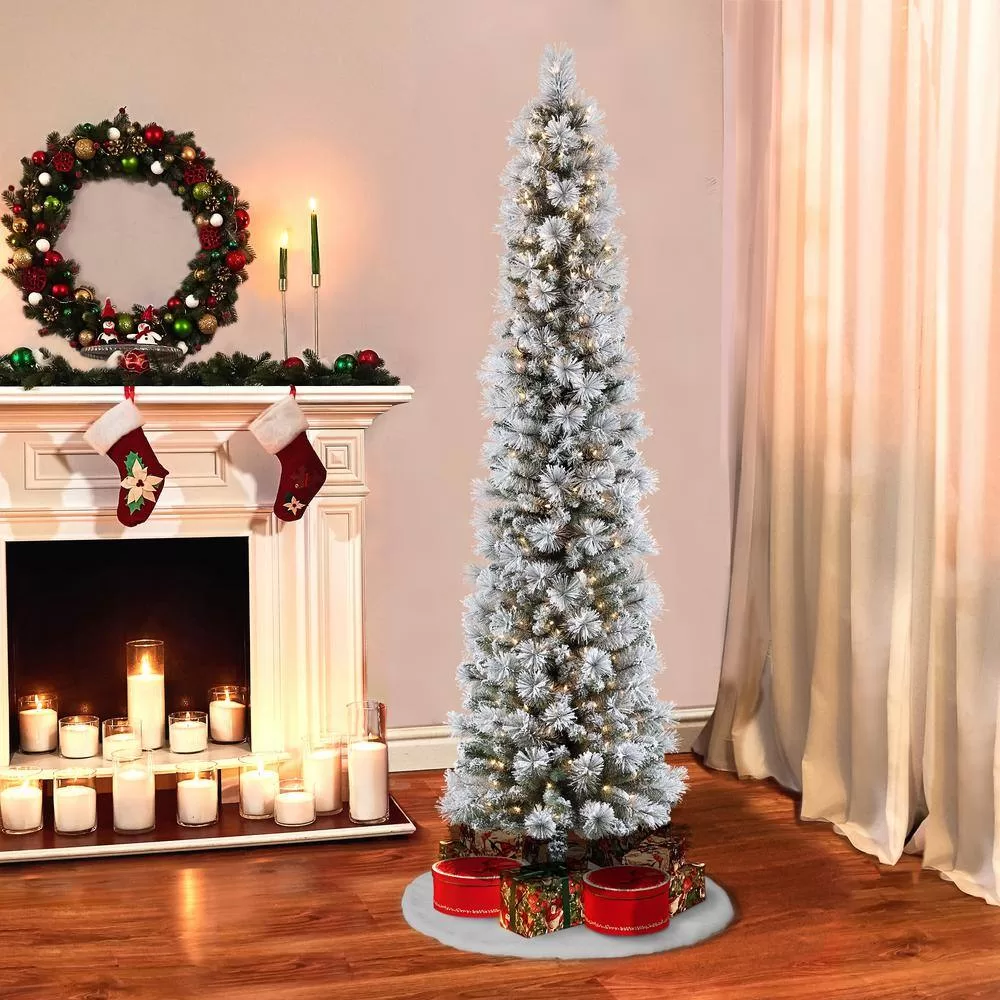 Puleo International 253-TFP-75C350-K 7.5 ft. Pre-Lit Incandescent Flocked Pencil Portland Pine Artificial Christmas Tree