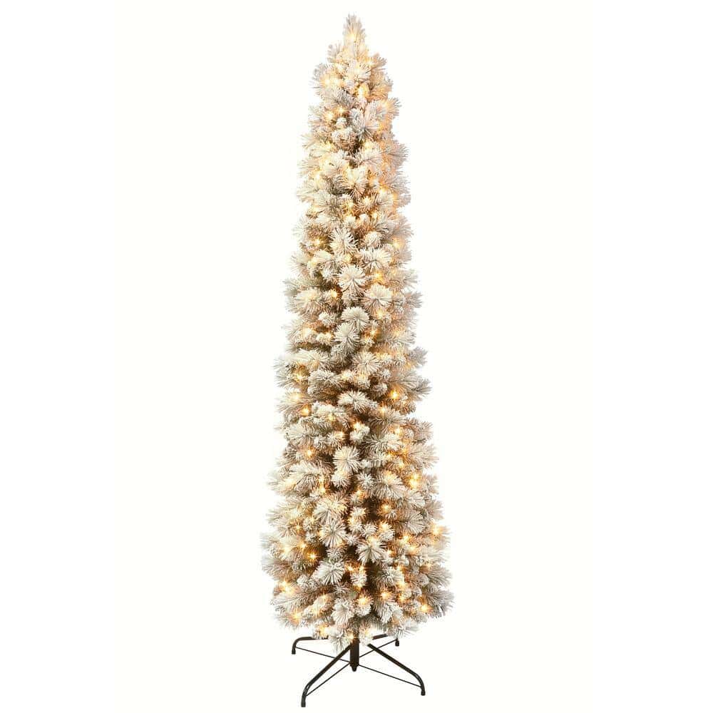 Puleo International 253-TFP-75C350-K 7.5 ft. Pre-Lit Incandescent Flocked Pencil Portland Pine Artificial Christmas Tree