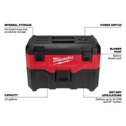 Milwaukee 0880-20-48-59-1835 M18 18-Volt 2 Gal. Lithium-Ion Cordless Wet/Dry Vacuum W/ 3.0 Ah Battery and Charger