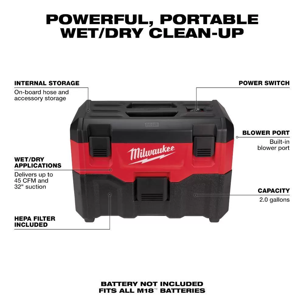 Milwaukee 0880-20-49-90-2035-49-90-2023 M18 18-Volt 2 Gal. Lithium-Ion Cordless Wet/Dry Vacuum