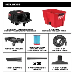 Milwaukee 0920-20-49-90-2020 M18 FUEL 9 Gal. Cordless Dual-Battery Wet/Dry Shop Vacuum with AIR-TIP 1-1/4 in. - 2-1/2 in. Swiveling Palm Brush Tool