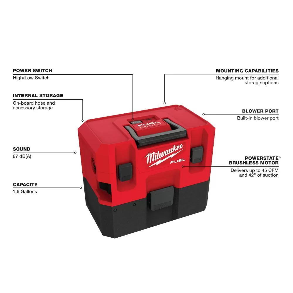 Milwaukee 0960-20-49-90-1900 M12 FUEL 12-Volt Lithium-Ion Cordless 1.6 Gal. Wet/Dry Vacuum (Tool-Only) and Extra Filter