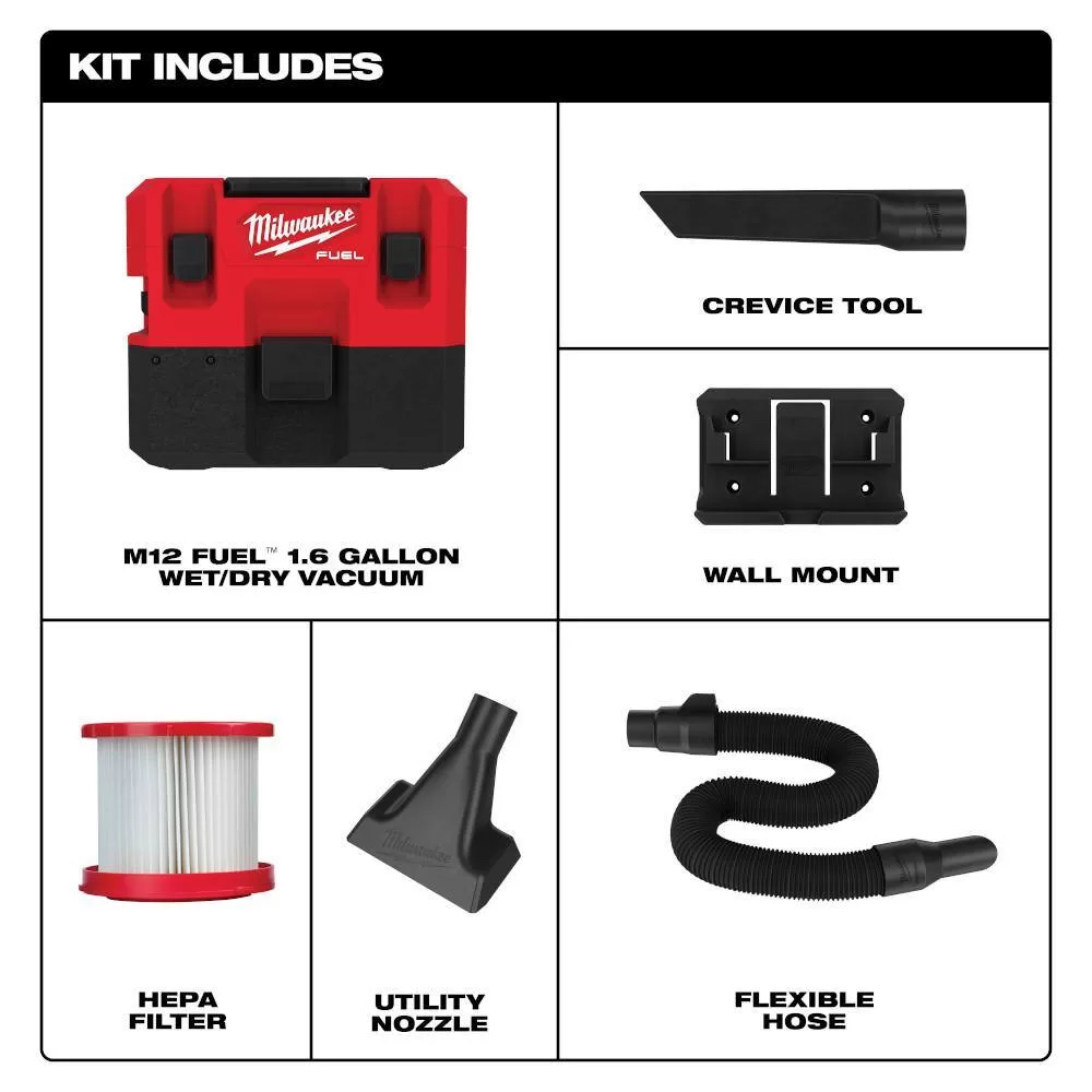 Milwaukee 0960-20-49-90-1900 M12 FUEL 12-Volt Lithium-Ion Cordless 1.6 Gal. Wet/Dry Vacuum (Tool-Only) and Extra Filter