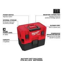 Milwaukee 0960-20-49-90-2034-49-90-2021 M12 FUEL Cordless 1.6 Gal. Wet/Dry Vacuum