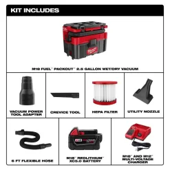 Milwaukee 0970-20-48-59-1850 M18 FUEL PACKOUT 18-Volt Lithium-Ion Cordless 2.5 Gal. Wet/Dry Vacuum with 5.0 Ah Battery and Charger