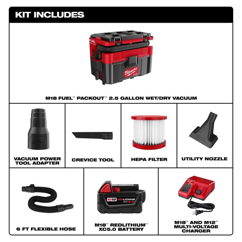 Milwaukee 0970-20-48-59-1850 M18 FUEL PACKOUT 18-Volt Lithium-Ion Cordless 2.5 Gal. Wet/Dry Vacuum with 5.0 Ah Battery and Charger