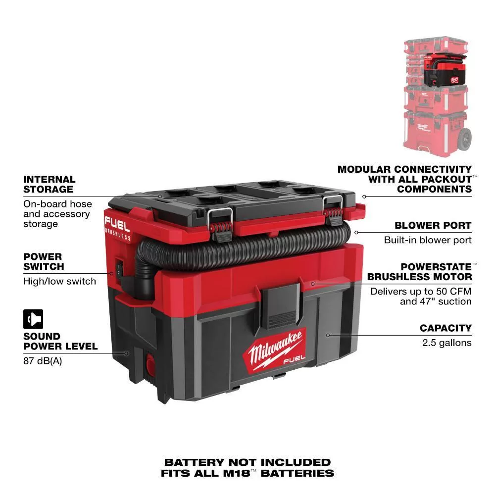 Milwaukee 0970-20-49-90-2019A M18 FUEL PACKOUT Cordless 2.5 Gal. Wet/Dry Vacuum with AIR-TIP 1-1/4 in. - 2-1/2 in. (4-Piece) Automotive Kit