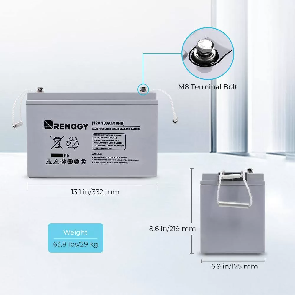 Renogy BATT-AGM12-100 Deep Cycle AGM Battery 12-Volt 100Ah Safe Charge Most Home Appliances for RV, Off-Grid Solar System, Maintenance-Free