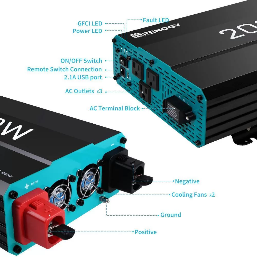 Renogy RNG-INVT-2000-12V-P2 2000-Watt Pure Sine Wave Inverter 12V DC to 120V AC Converter for Off-Grid Solar Power w/ Built-in 5V/2.1A USB Port