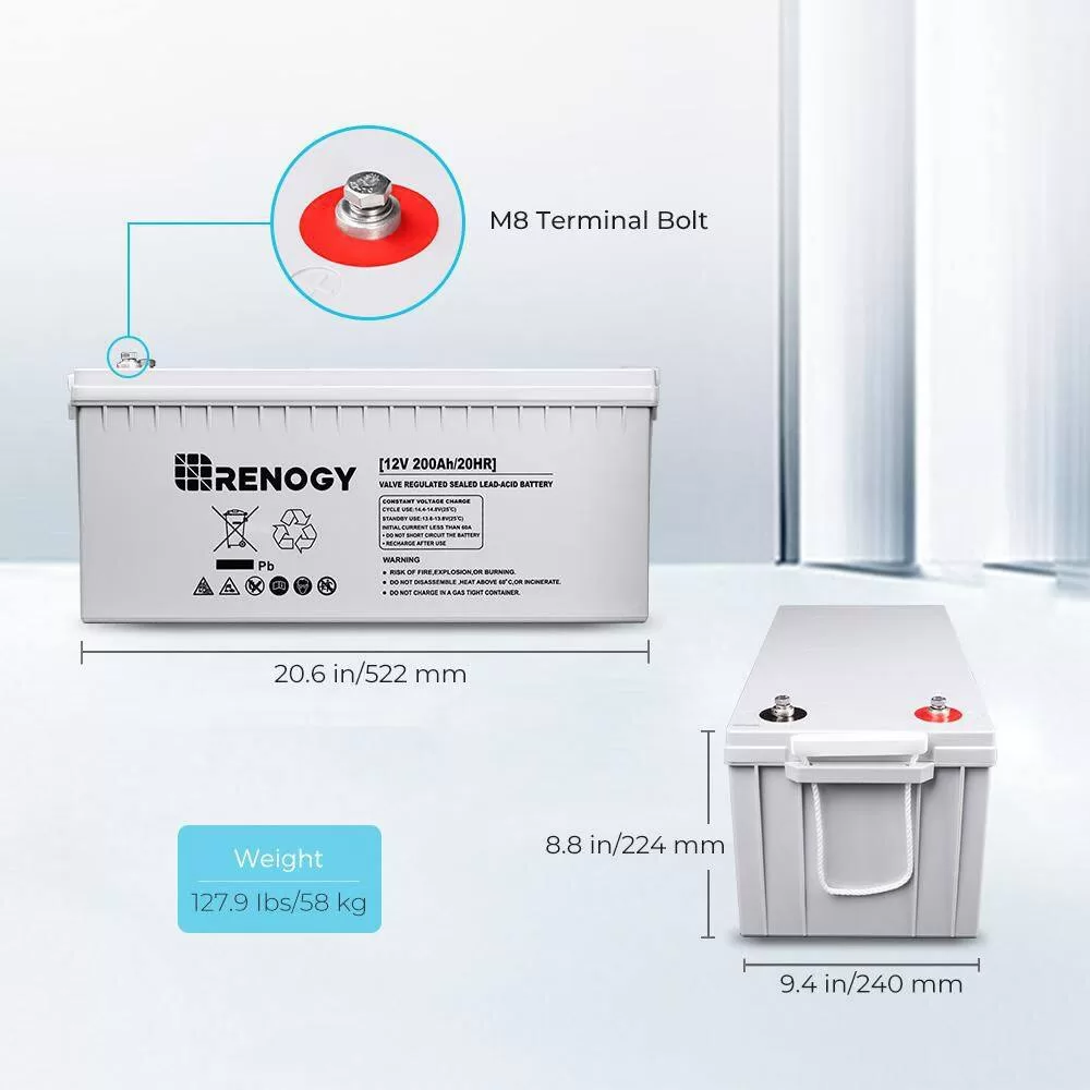 Renogy BATT-AGM12-200 Deep Cycle AGM Battery 12-Volt 200Ah Safe Charge Most Home Appliances for RV, Off-Grid Solar System, Maintenance-Free