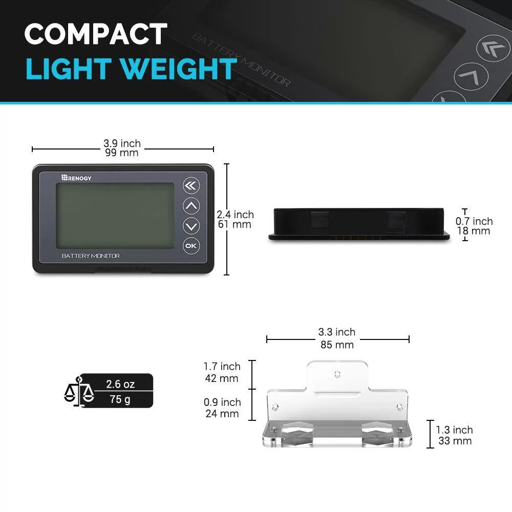 Renogy RBM500-G1 500 Amp Universal Battery Monitor, High and Low Voltage Programmable Alarm