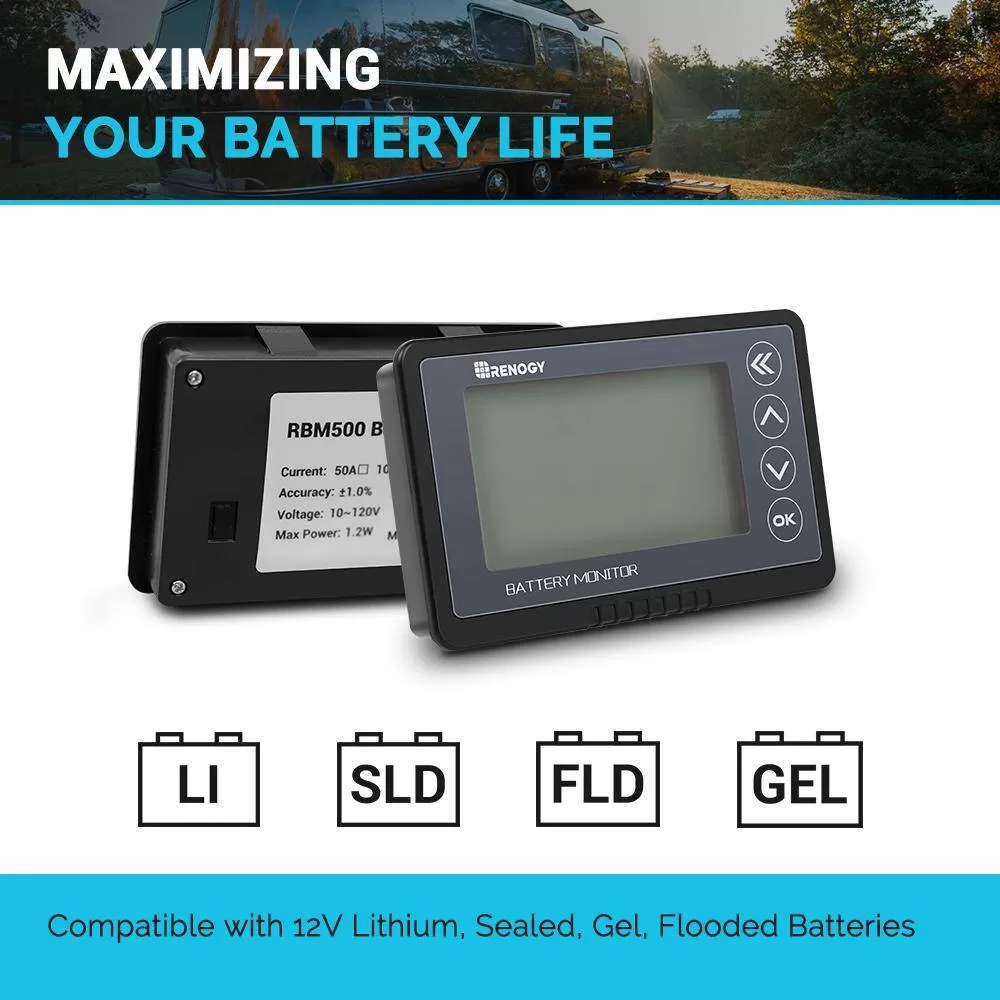 Renogy RBM500-G1 500 Amp Universal Battery Monitor, High and Low Voltage Programmable Alarm