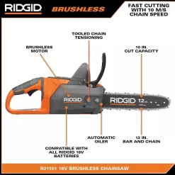 RIDGID R01101K 18V Brushless 12 in. Electric Battery Chainsaw with 6.0 Ah MAX Output Battery and Charger