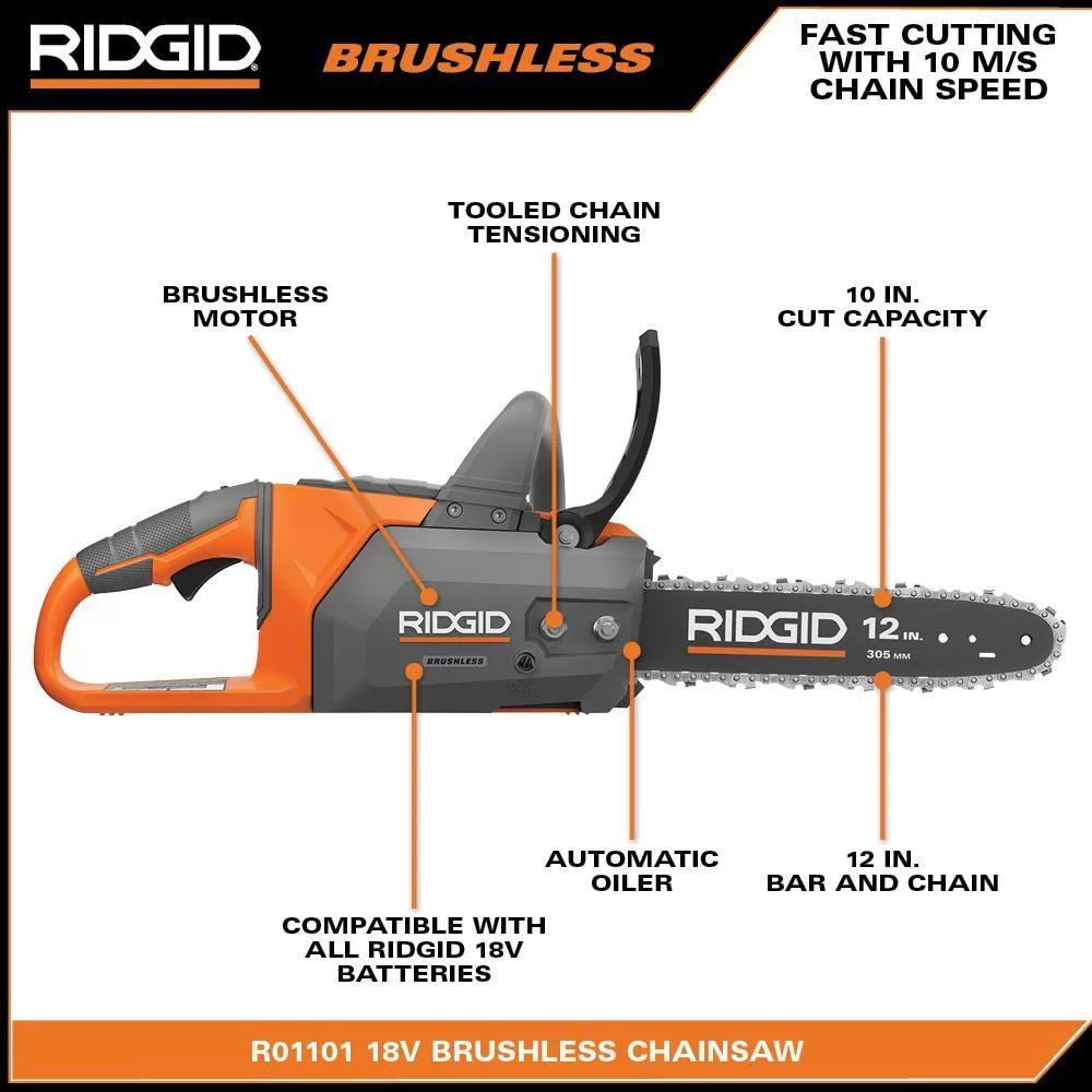 RIDGID R01101K 18V Brushless 12 in. Electric Battery Chainsaw with 6.0 Ah MAX Output Battery and Charger