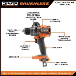 RIDGID R861152B 18V Brushless Cordless 1/2 in. High Torque Hammer Drill/Driver (Tool Only)