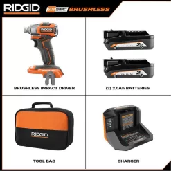 RIDGID R8723K-AC8400802 18V SubCompact Brushless Cordless Impact Driver Kit with 2.0 Ah Battery, Charger, and Extra 2.0 Ah Battery
