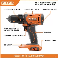 RIDGID R86001K-AC870015PN 18V Cordless 1/2 in. Drill/Driver Kit with 2.0 Ah Battery, Charger, and 18V 1.5 Ah Lithium-Ion Battery (2-Pack)