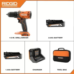RIDGID R86001K-AC870015PN 18V Cordless 1/2 in. Drill/Driver Kit with 2.0 Ah Battery, Charger, and 18V 1.5 Ah Lithium-Ion Battery (2-Pack)