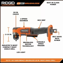 RIDGID R87701K 18V SubCompact Brushless Cordless 3/8 in. Right Angle Drill Kit with 2.0 Ah MAX Output Battery and Charger