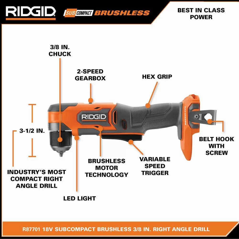RIDGID R87701K 18V SubCompact Brushless Cordless 3/8 in. Right Angle Drill Kit with 2.0 Ah MAX Output Battery and Charger