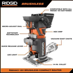 RIDGID R860443B 18V OCTANE Brushless Cordless Compact Fixed Base Router with 1/4 in. Bit, Round and Square Bases and Collet Wrench