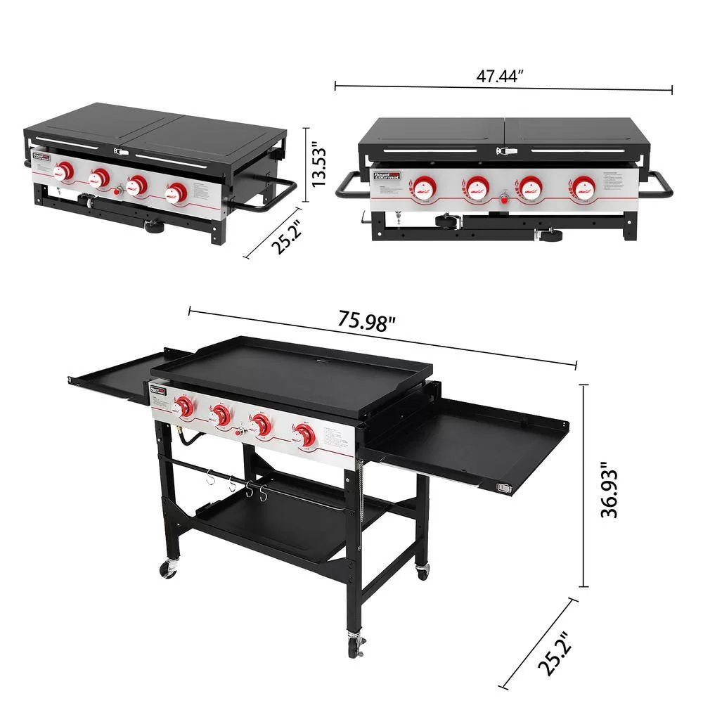 Royal Gourmet GB4000F 36 in. 4-Burner Propane BBQ Grill in Black Flat Top Gas Griddle with Top Cover Lid, for Large Outdoor Camping