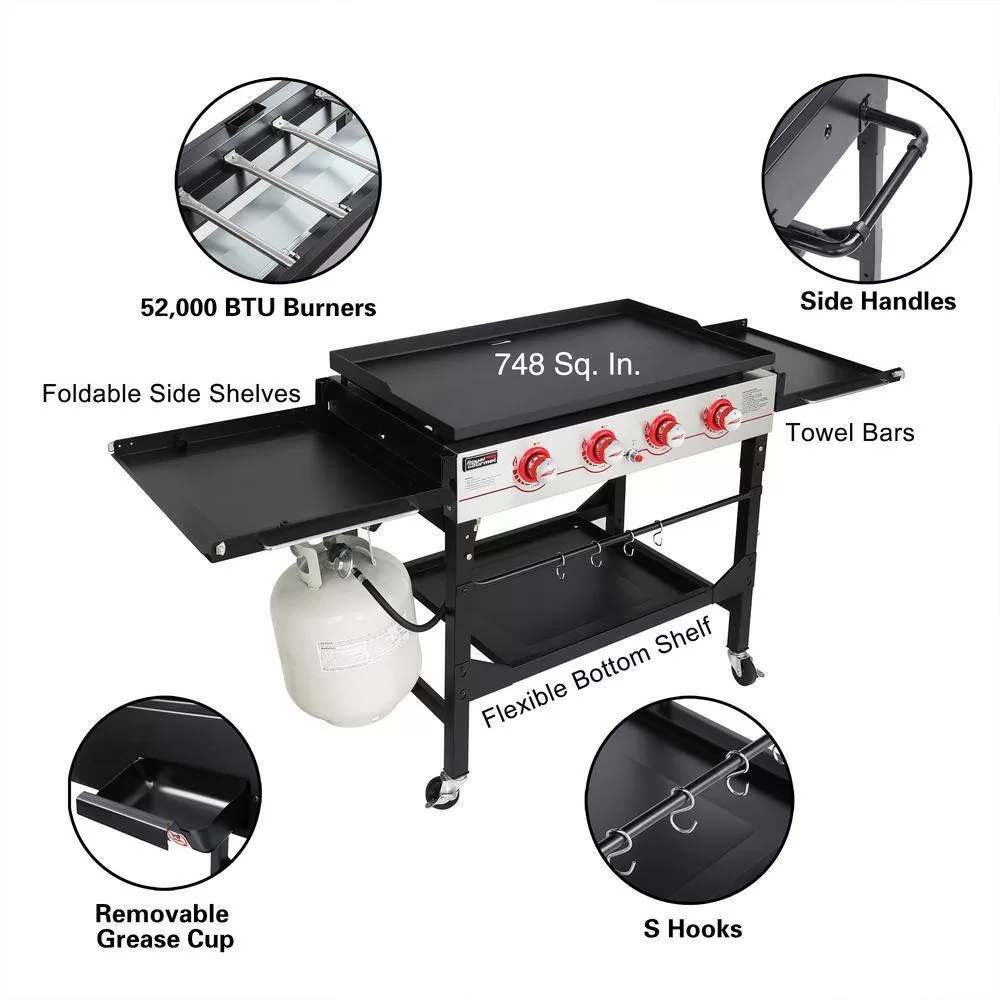 Royal Gourmet GB4000F 36 in. 4-Burner Propane BBQ Grill in Black Flat Top Gas Griddle with Top Cover Lid, for Large Outdoor Camping