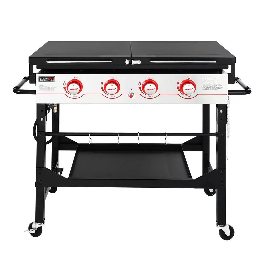 Royal Gourmet GB4000F 36 in. 4-Burner Propane BBQ Grill in Black Flat Top Gas Griddle with Top Cover Lid, for Large Outdoor Camping