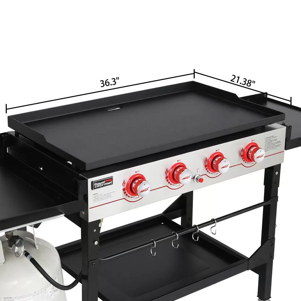 Royal Gourmet GB4000F 36 in. 4-Burner Propane BBQ Grill in Black Flat Top Gas Griddle with Top Cover Lid, for Large Outdoor Camping