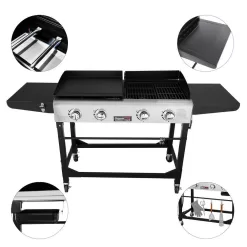 Royal Gourmet GD401C 4-Burners Portable Propane Gas Grill and Griddle Combo Grills in Black with Side Tables with Cover
