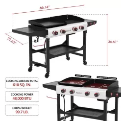 Royal Gourmet GD403 4-Burner 48,000 BTU Portable Flat Top Gas Grill and Griddle Combo Grill in Black with Folding Legs for Outdoor Cooking