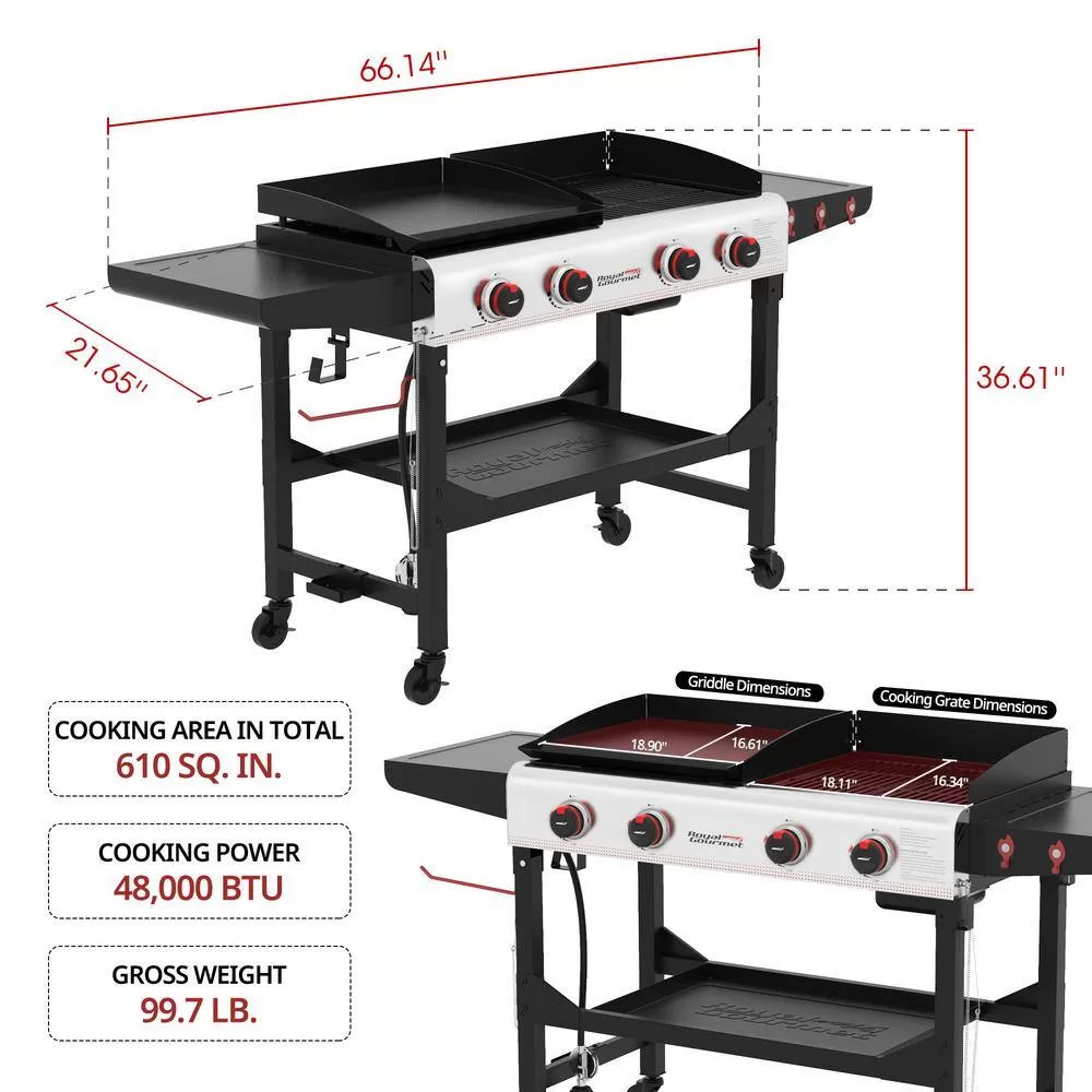 Royal Gourmet GD403 4-Burner 48,000 BTU Portable Flat Top Gas Grill and Griddle Combo Grill in Black with Folding Legs for Outdoor Cooking