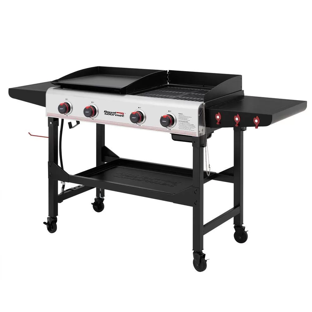 Royal Gourmet GD403 4-Burner 48,000 BTU Portable Flat Top Gas Grill and Griddle Combo Grill in Black with Folding Legs for Outdoor Cooking