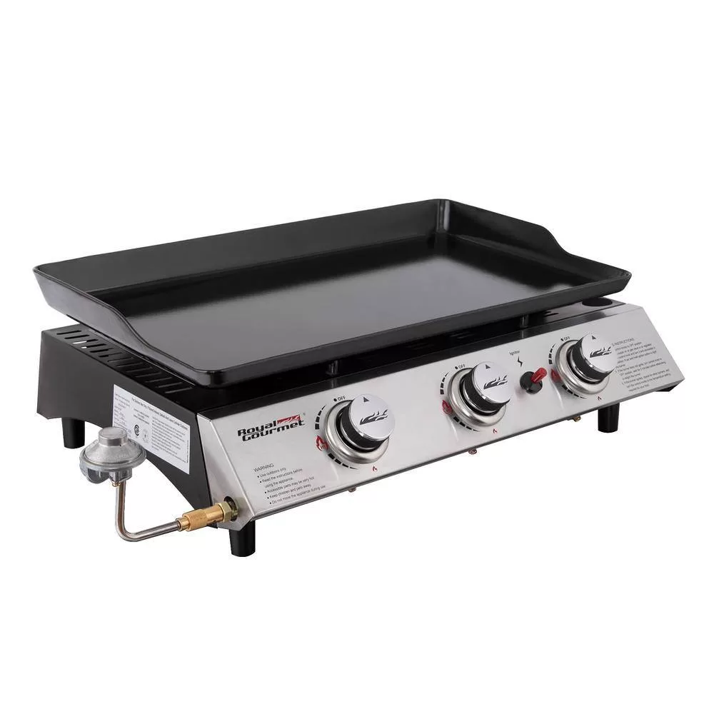Royal Gourmet PD1302 3-Burner 26,400-BTU Portable Gas Grill in Silver with Griddle Flat Top for Outdoor Camping, Tailgating, Picnics