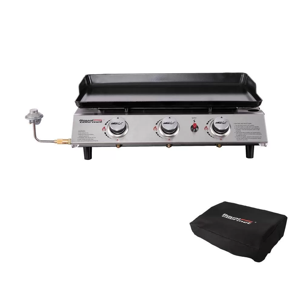Royal Gourmet PD1302 3-Burner 26,400-BTU Portable Gas Grill in Silver with Griddle Flat Top for Outdoor Camping, Tailgating, Picnics