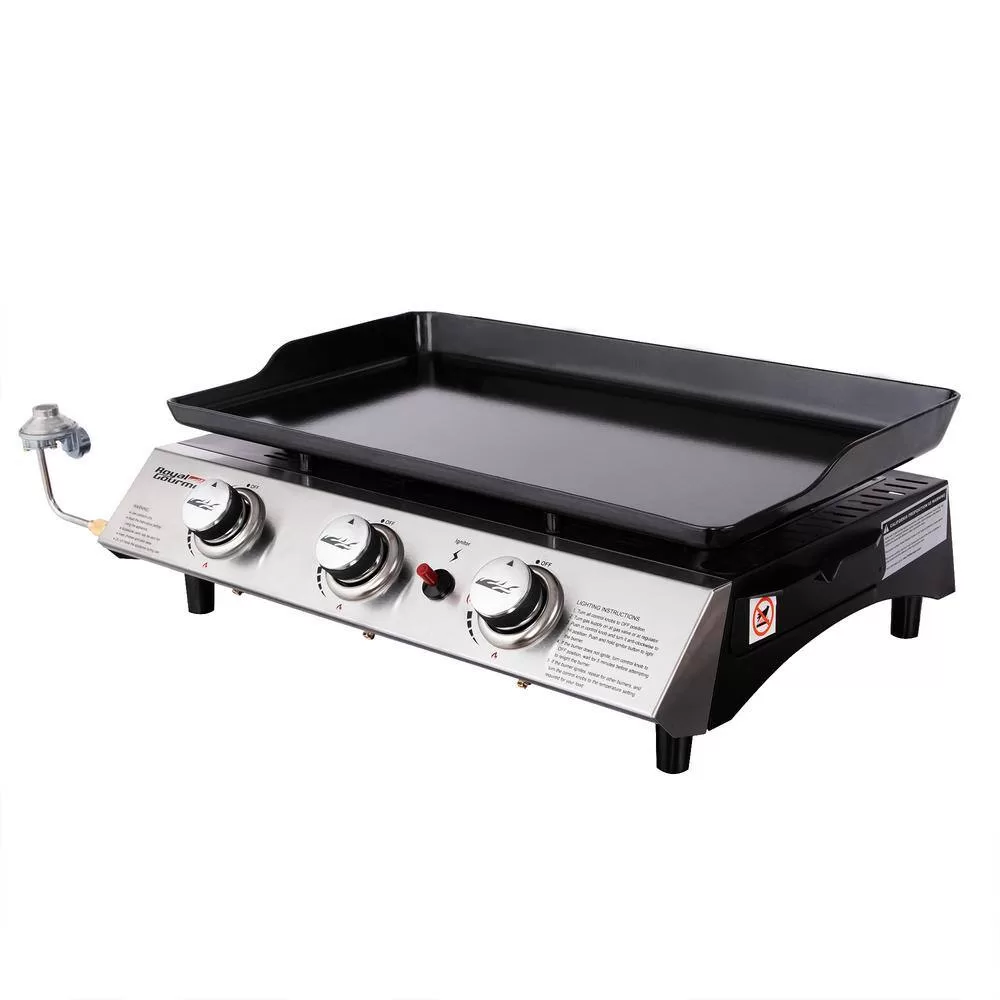 Royal Gourmet PD1302 3-Burner 26,400-BTU Portable Gas Grill in Silver with Griddle Flat Top for Outdoor Camping, Tailgating, Picnics