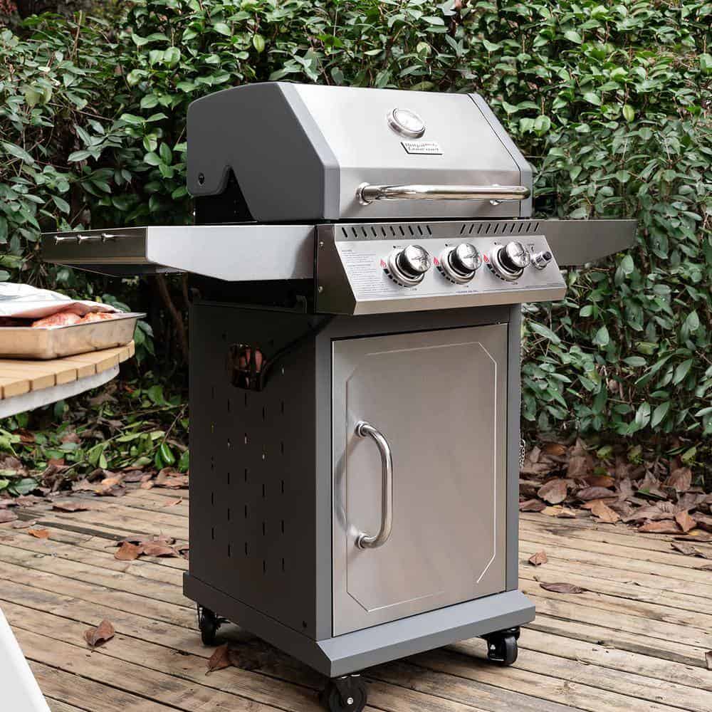Royal Gourmet GG3001S Stainless Steel 3-Burner Propane Gas Grill, 25,500 BTU Cabinet Style Cas Grill with Side Tables
