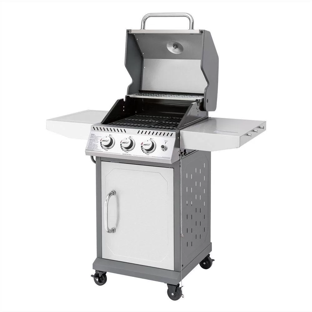 Royal Gourmet GG3001S Stainless Steel 3-Burner Propane Gas Grill, 25,500 BTU Cabinet Style Cas Grill with Side Tables