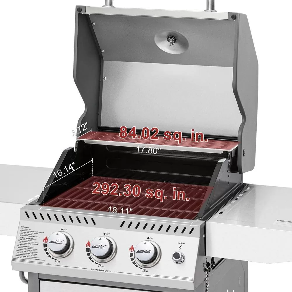 Royal Gourmet GG3001S Stainless Steel 3-Burner Propane Gas Grill, 25,500 BTU Cabinet Style Cas Grill with Side Tables