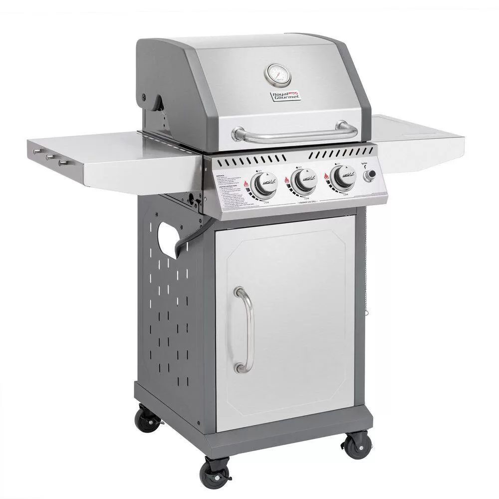 Royal Gourmet GG3001S Stainless Steel 3-Burner Propane Gas Grill, 25,500 BTU Cabinet Style Cas Grill with Side Tables