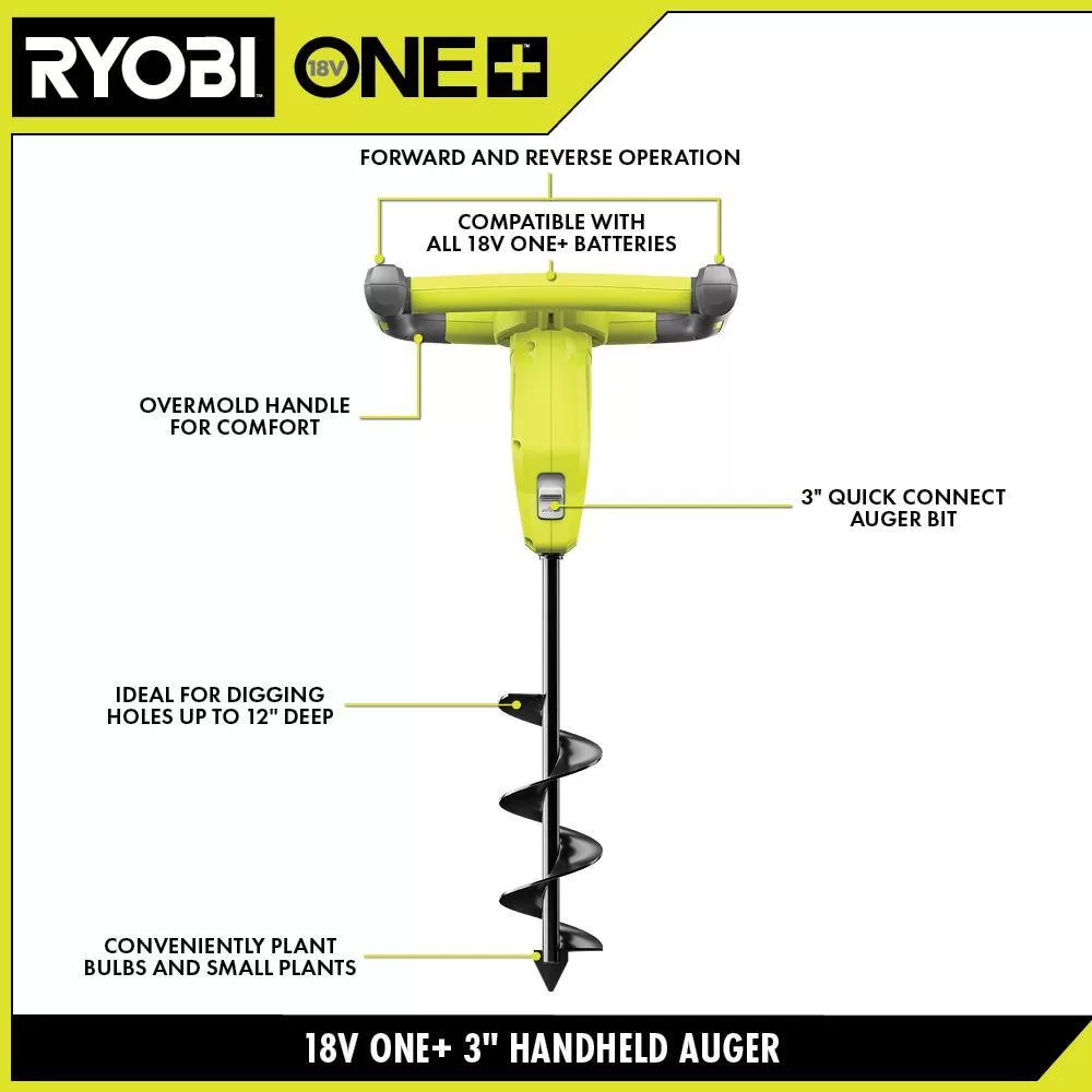 RYOBI P29160 ONE+ 18V Cordless Earth Auger with 3 in. Bit, 2.0 Ah Battery and Charger