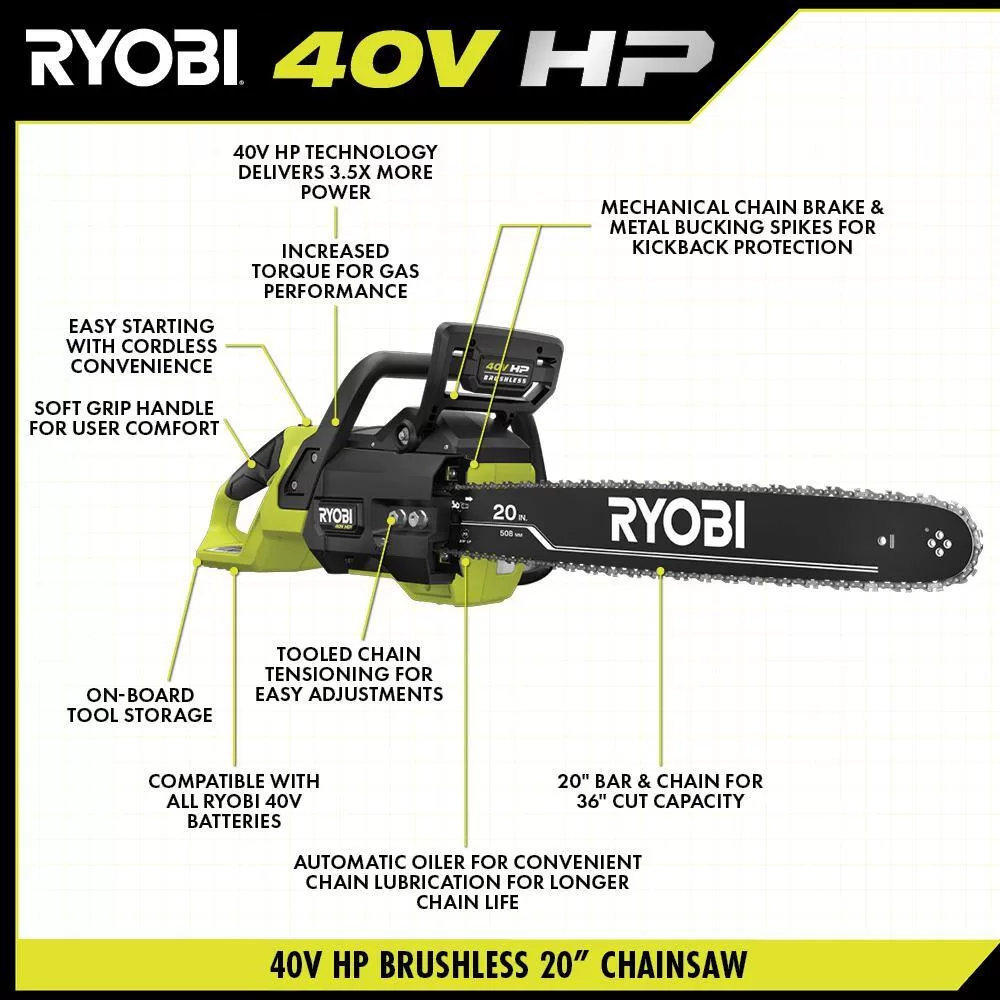 RYOBI RY405011BTL 40V HP Brushless 20 in. Battery Chainsaw (Tool-Only)